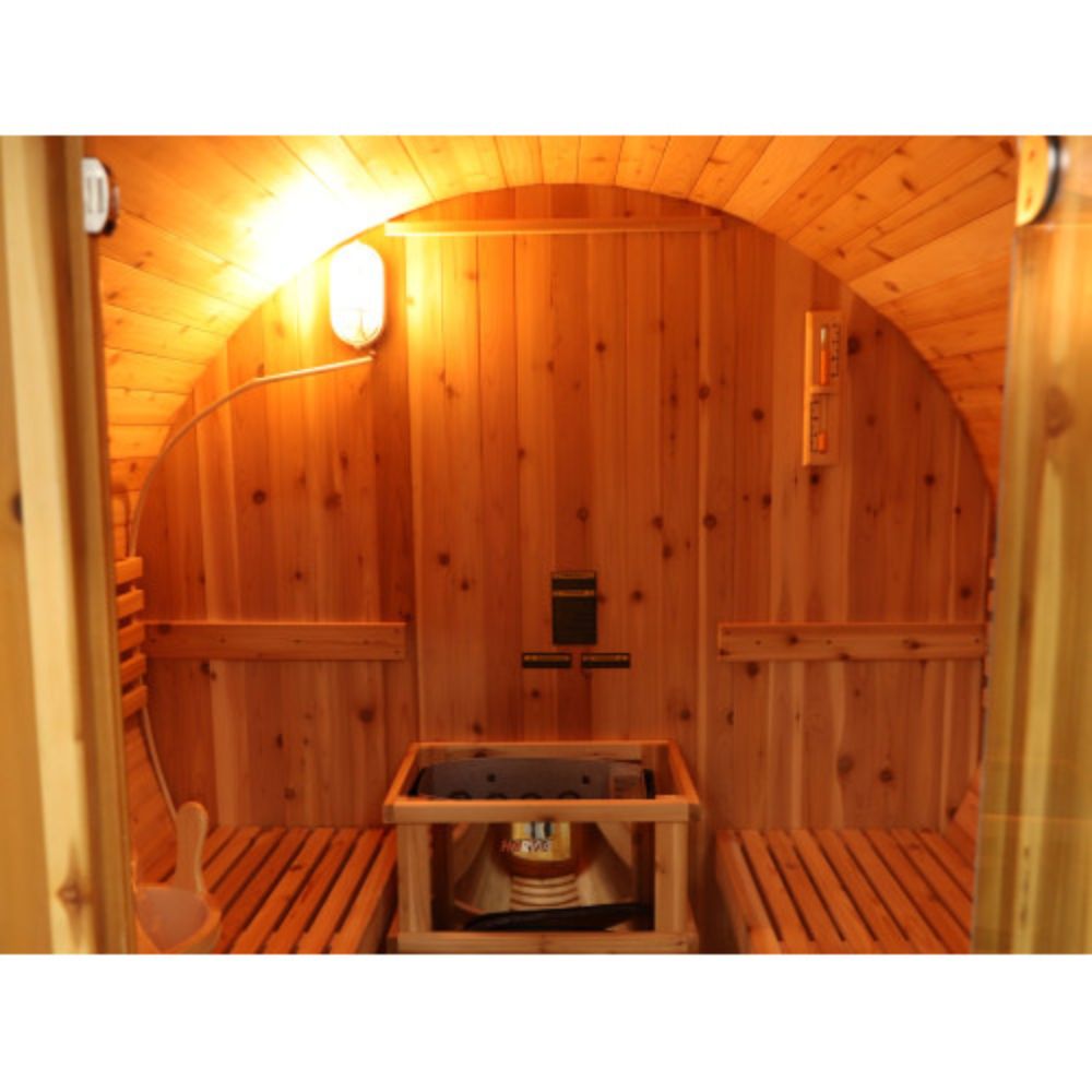 SunRay Oasis Barrel Sauna with benches and a Harvia Heater
