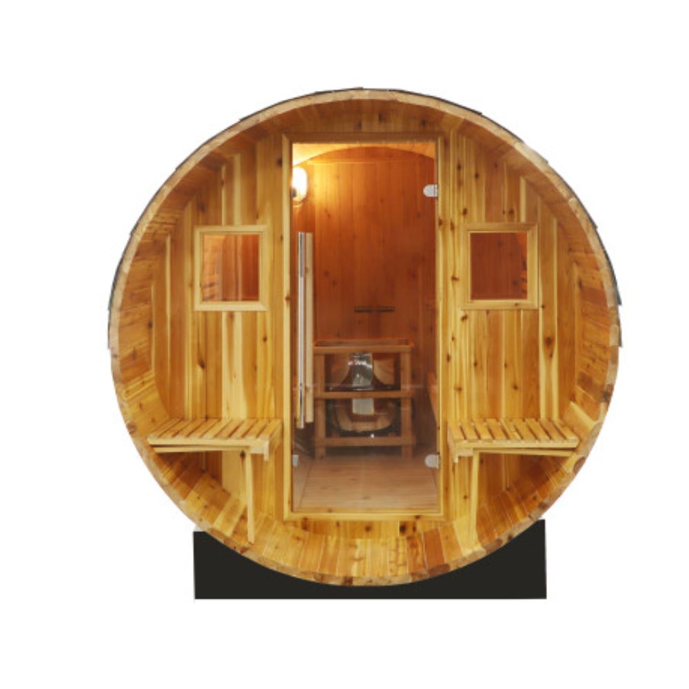 SunRay Oasis Barrel Sauna with Canopy benches on a white background