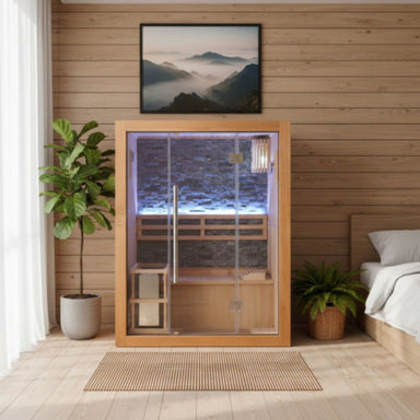SunRay 2 Person Luxury Traditional Sauna with stone wall/4.5kw Harvia in a room with wooden walls, plants, and a bed.