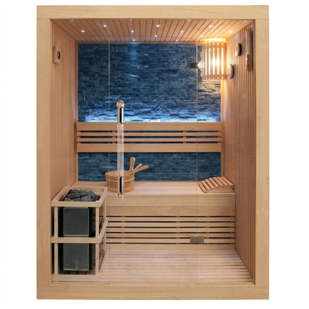 SunRay 2 Person Luxury Traditional Sauna  with a stone bench, basket, and water view