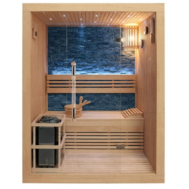 SunRay 2 Person Luxury Traditional Sauna  with a stone bench, basket, and water view