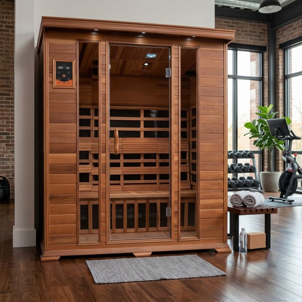 SunRay Sequoia 4-Person Sauna HL400K in a room with exercise equipment and plants