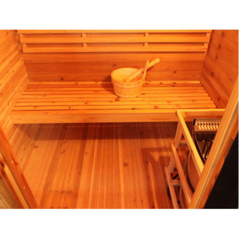 SunRay Seneca 3-Person Contemporary Outdoor Traditional Sauna interior with a bucket and ladle on a raised platform.