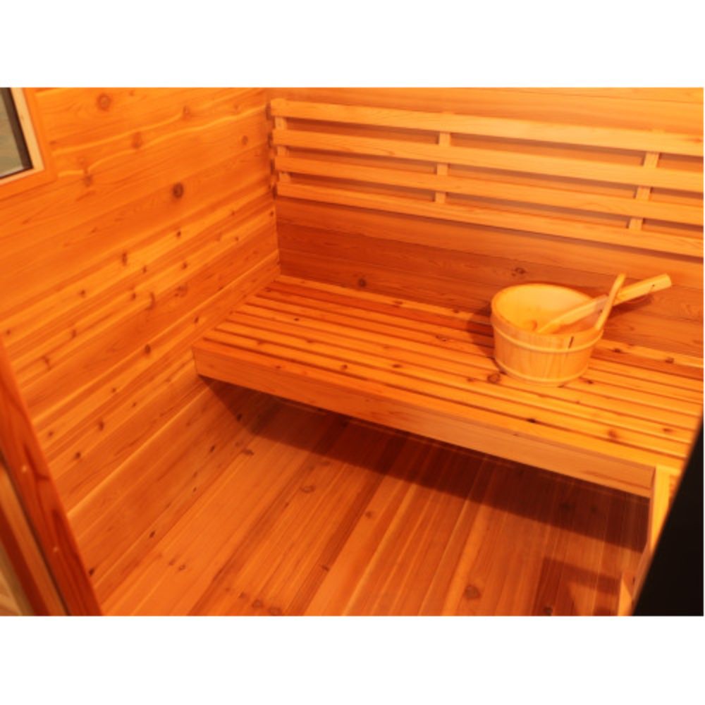 SunRay Seneca 3-Person Contemporary Outdoor Traditional Sauna with a bucket and wooden spoon on a raised platform.