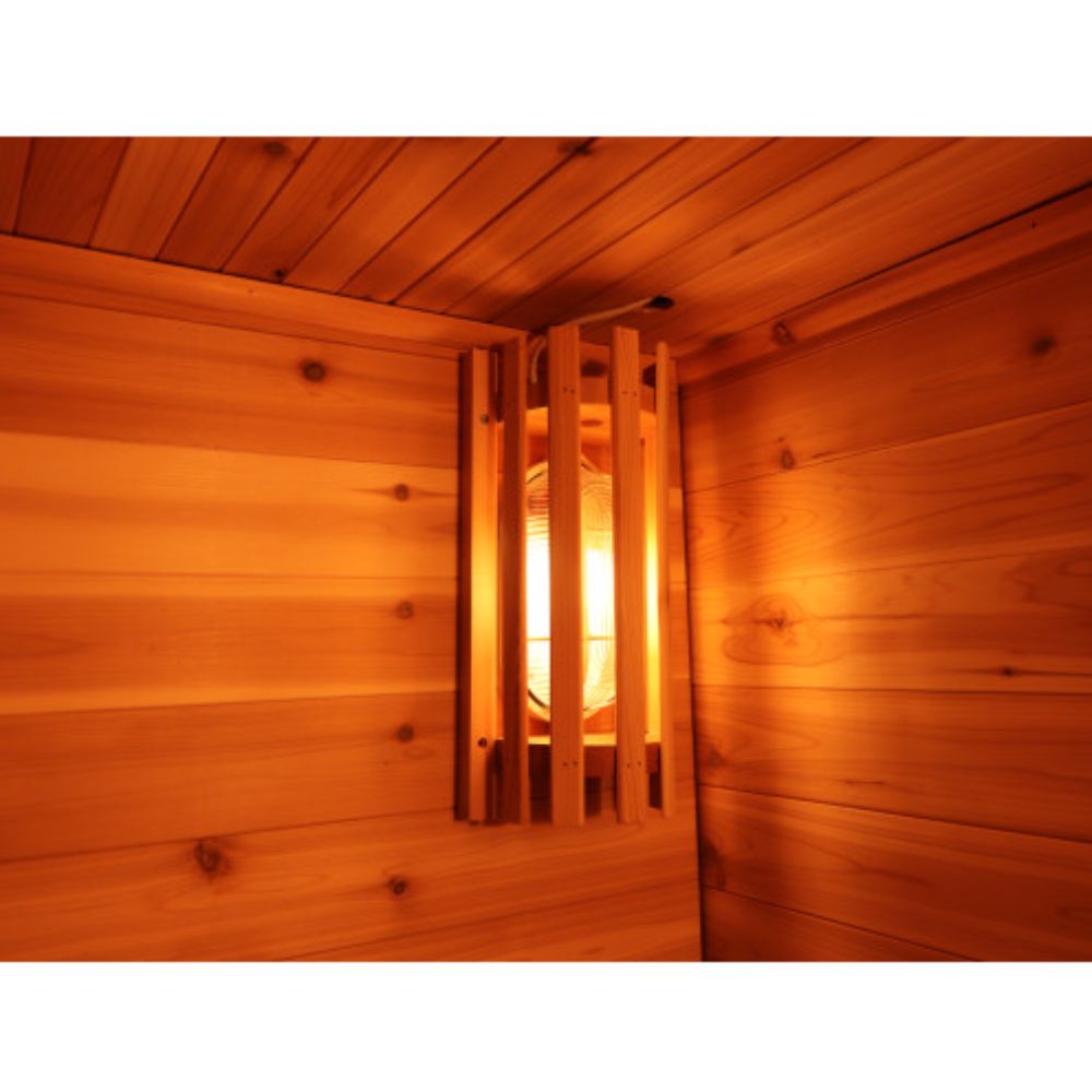 SunRay Seneca 3-Person Contemporary Outdoor Traditional Sauna Wooden interior of a sauna with warm lighting