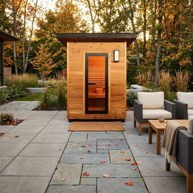 SunRay Seneca 3-Person Contemporary Outdoor Traditional Sauna in a garden setting with patio furniture and autumn foliage.