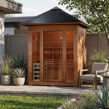 SunRay Waverly 3- Person outdoor sauna with a black roof in a garden setting.