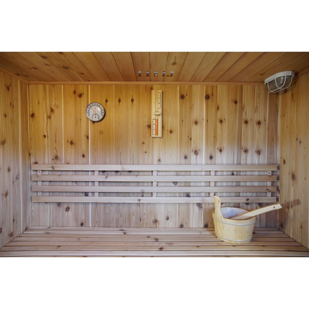 SunRay2-3Person-Hampton-Traditional-Sauna-300TN-center-front-bench-with-casket-and-ladel