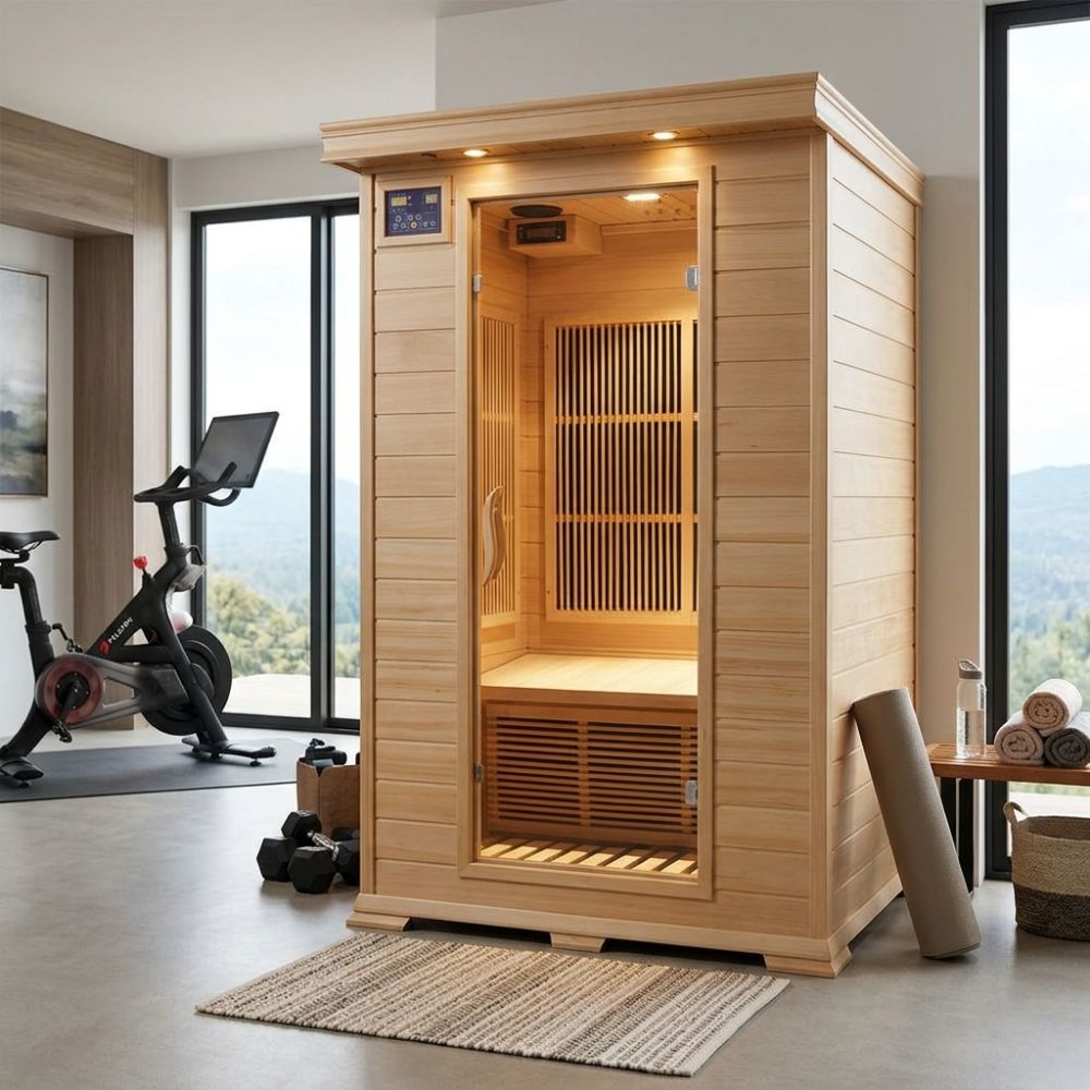 SunRay 2-Person Evansport Sauna HL200C in a modern room with exercise equipment