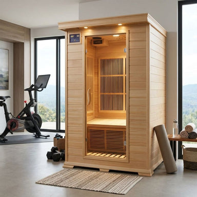 SunRay 2-Person Evansport Sauna HL200C in a modern room with exercise equipment