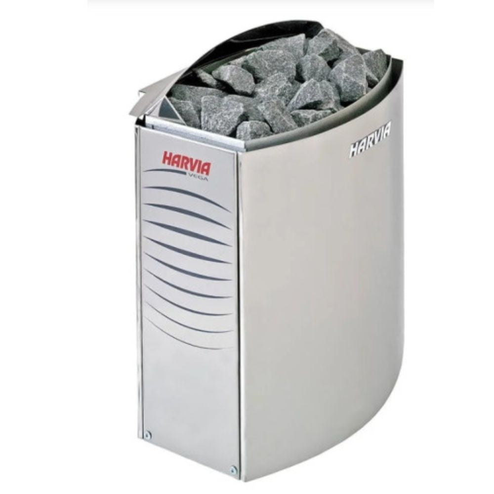 Harvia sauna heater with rocks inside on a white background