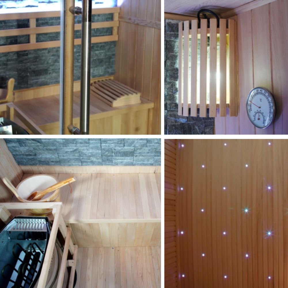 Collage of a Sunray 2 Person Luxury Traditional Sauna with various elements including benches, a clock, and a starry light effect.