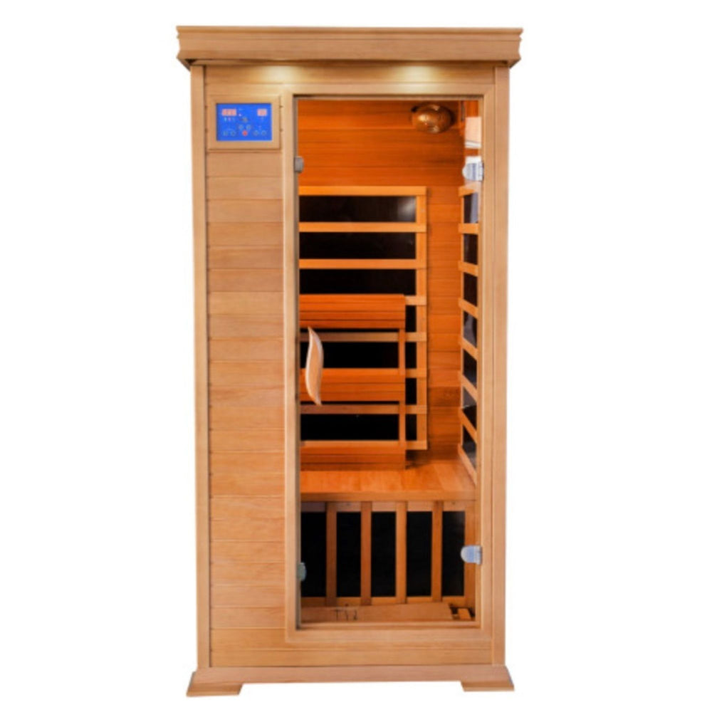 A compact cedar infrared sauna with a digital control panel on the top, featuring a warm-toned wood exterior and a glass door.  SunRay 1-2 Person Sedona Sauna HL100K.