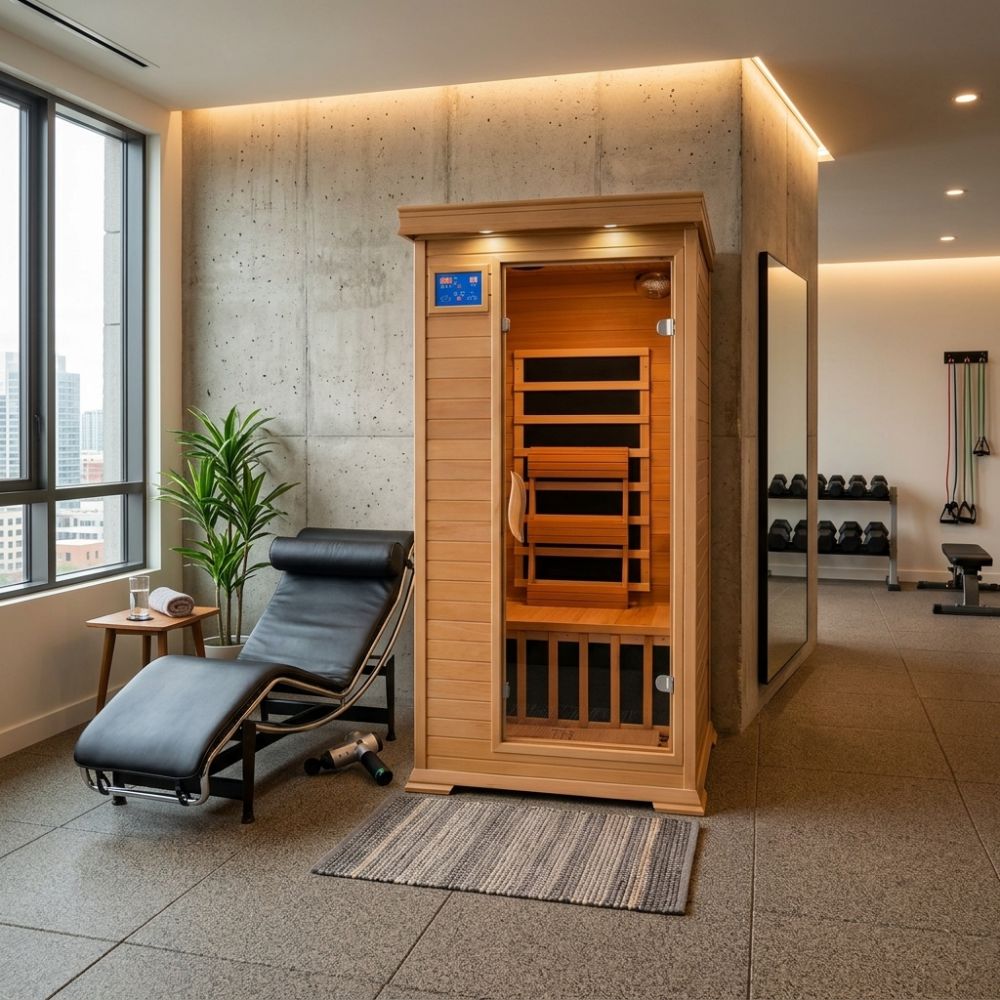SunRay 1-2 Person Sedona Sauna HL100K in a modern room with a lounge chair and large windows.
