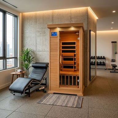 SunRay 1-2 Person Sedona Sauna HL100K in a modern room with a lounge chair and large windows.