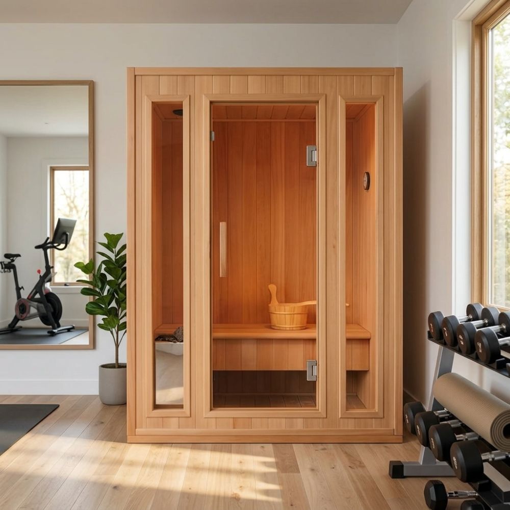 Sunray 3-Person Southport Traditional Steam Sauna HL300SN in a room with exercise equipment and a plant