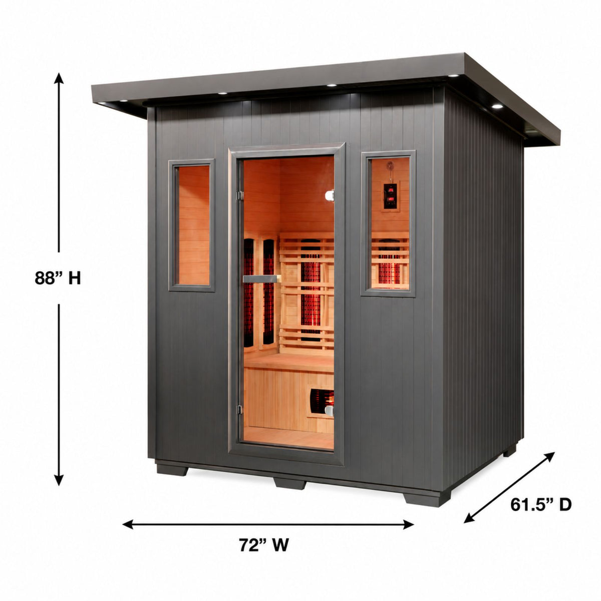 Dark gray outdoor sauna cabin with a glass door and side windows, shown with dimension arrows and labels indicating 72 inches wide, 61.5 inches deep, and 88 inches high on a white background.