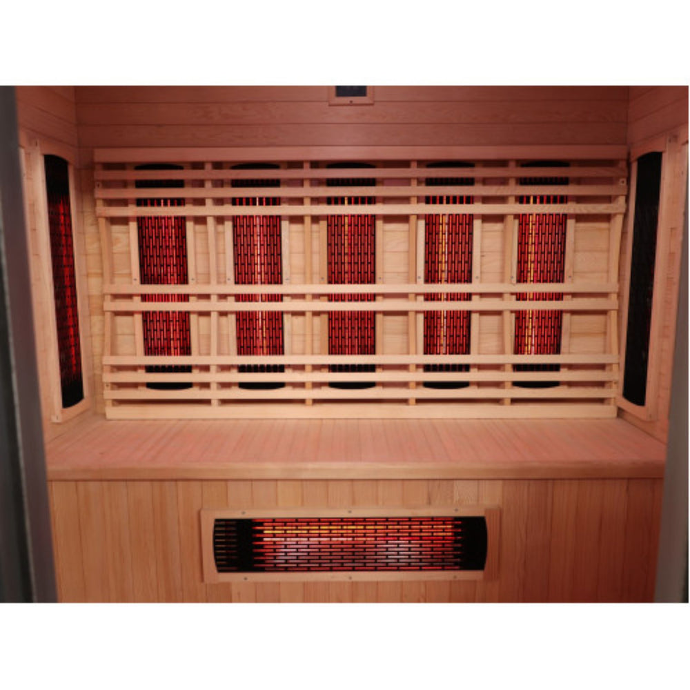 Sunray Pacific 4-Person Outdoor Infrared Sauna with wooden interior and heating elements.