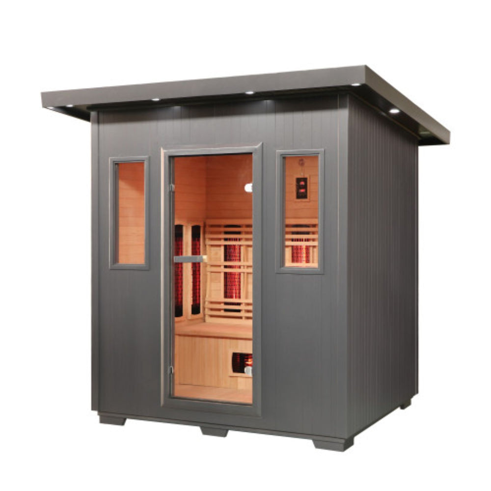 Sunray Pacific 4-Person Outdoor Infrared Sauna  with wooden interior and gray exterior on a white background