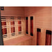 Sunray Pacific 4-Person Outdoor Infrared Sauna interior with light natural wood walls and benches, featuring multiple red and black infrared heating elements visible through slotted panels.