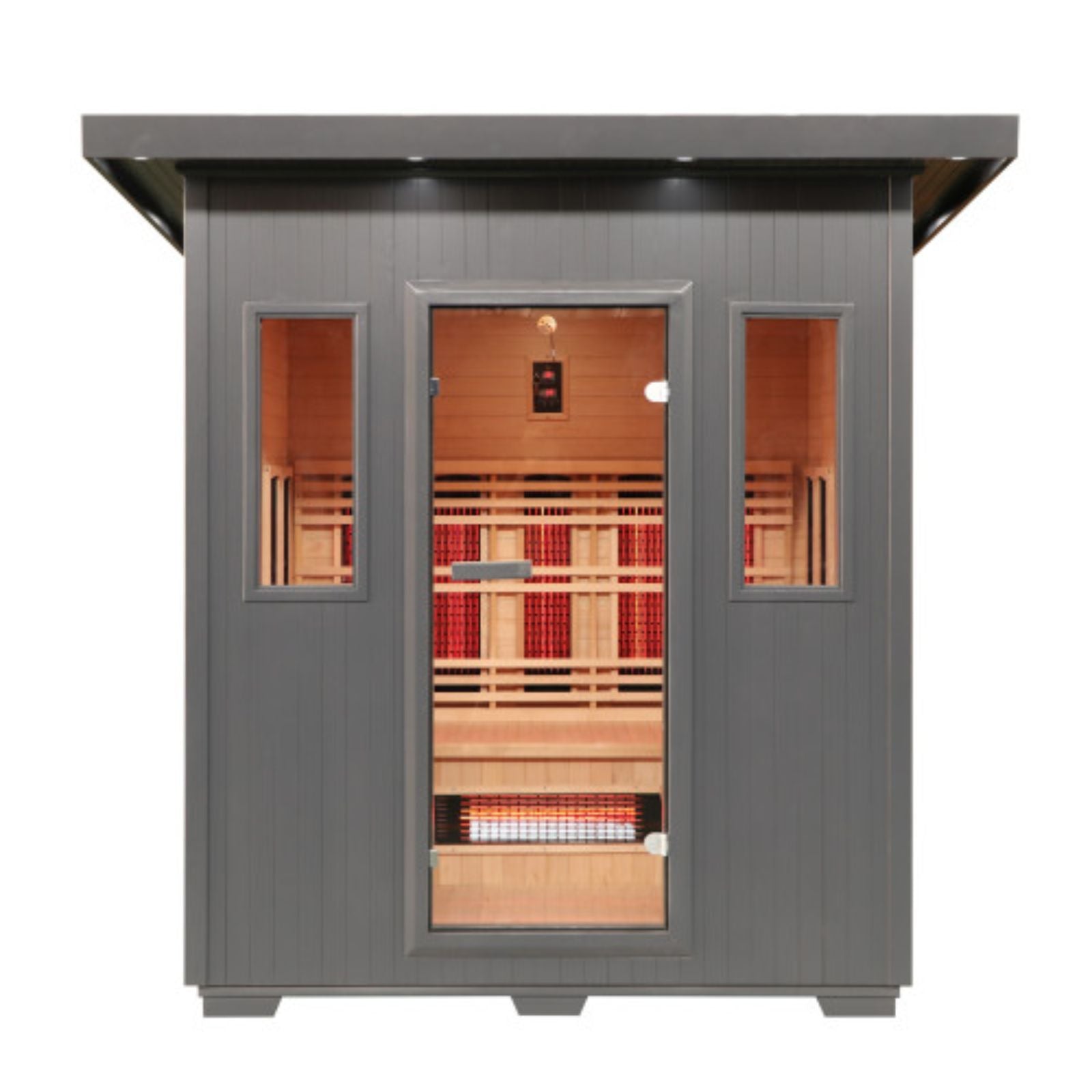 Gray-framed Sunray Pacific 4-Person Outdoor Infrared Sauna  with glass door showing wooden interior.