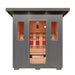 Gray-framed Sunray Pacific 4-Person Outdoor Infrared Sauna  with glass door showing wooden interior.