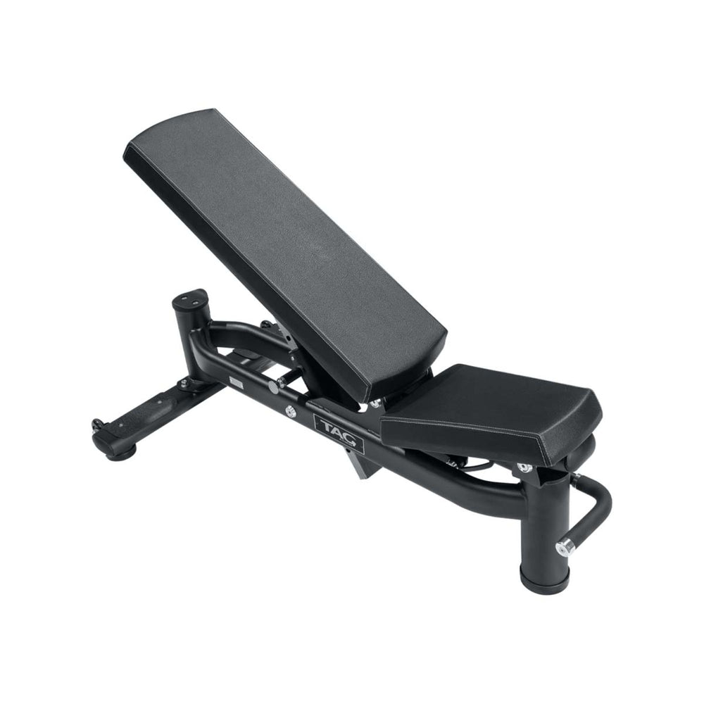 TAG Fitness Elite adjustable bench with black frame, incline back pad, and transport wheels for commercial gym use.