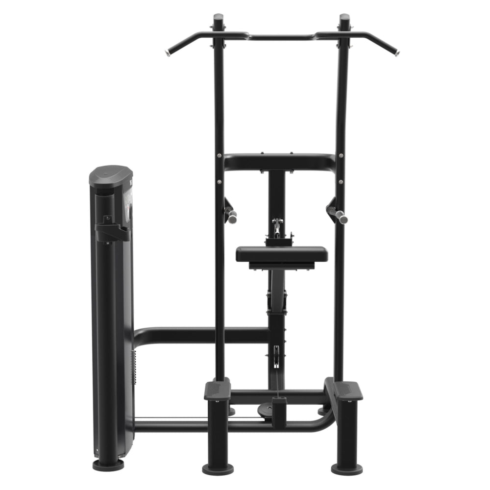 TAG Fitness Elite Chin and Dip Assist Dual Select machine front view with black frame, selectorized weight stack, assisted knee platform, and multi-grip handles.