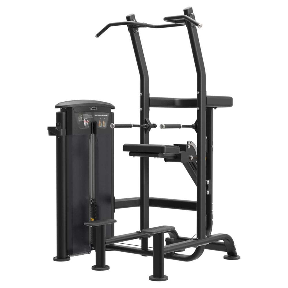 TAG Fitness Elite Chin and Dip Assist Dual Select machine with black frame, selectorized weight stack, assisted knee platform, and multi-grip handles.
