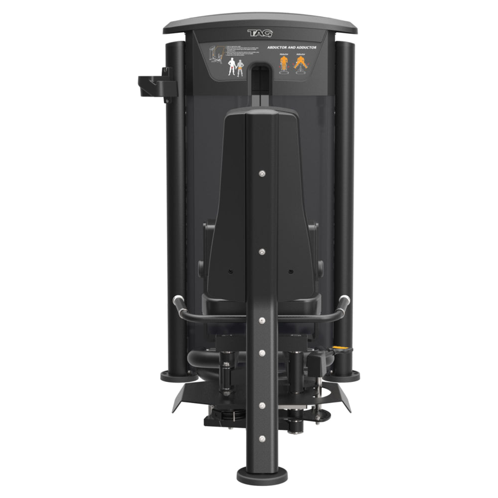 TAG Fitness Elite Inner and Outer Thigh Dual Select machine back view with black frame, selectorized weight stack, adjustable seat, and thigh pads.