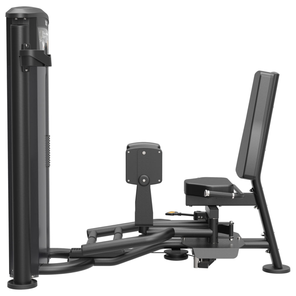 TAG Fitness Elite Inner and Outer Thigh Dual Select machine side view with black frame, selectorized weight stack, adjustable seat, and thigh pads.