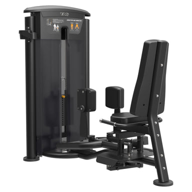 TAG Fitness Elite Inner and Outer Thigh Dual Select machine with black frame, selectorized weight stack, adjustable seat, and thigh pads.