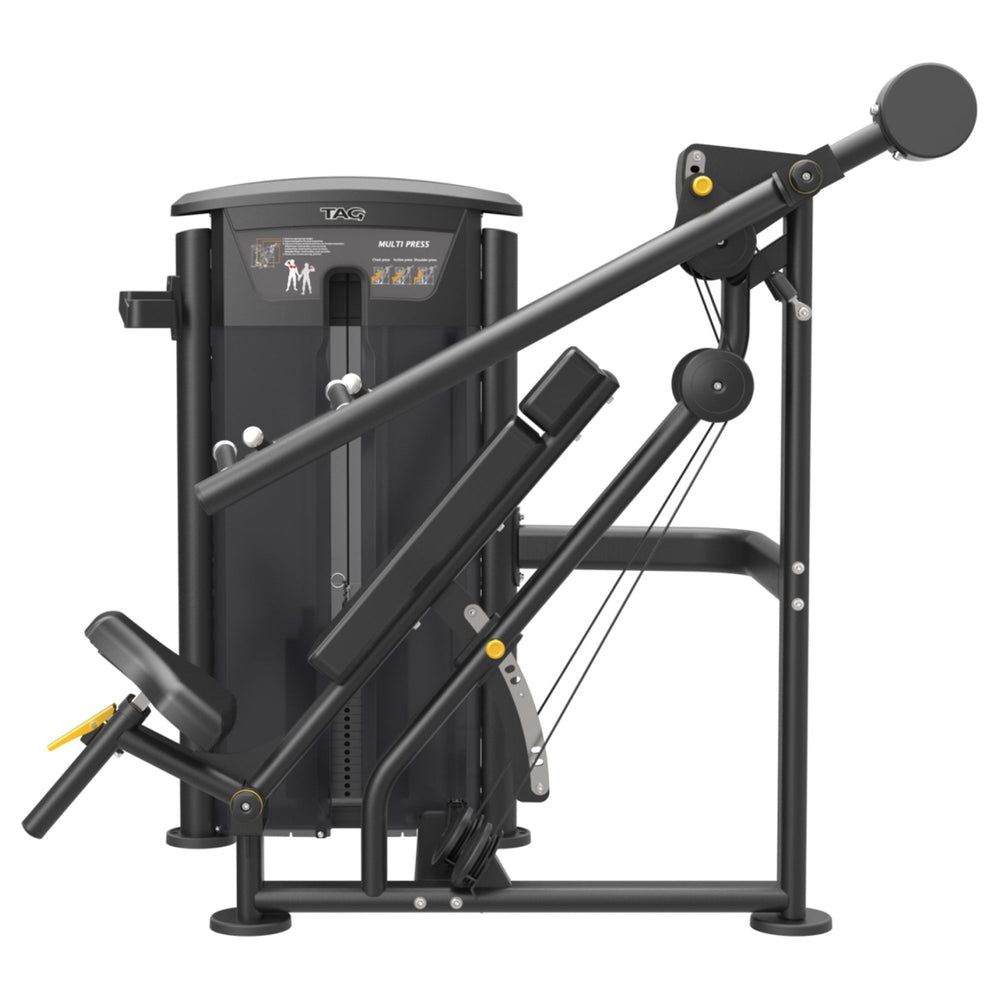 TAG Fitness Elite Multipress Dual Select machine with black frame, selectorized weight stack, adjustable press arms, and compact commercial design. Side view