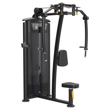 TAG Fitness Elite Pec Fly and Rear Delt Dual Select machine with black frame, selectorized weight stack, adjustable arms, and padded seat.