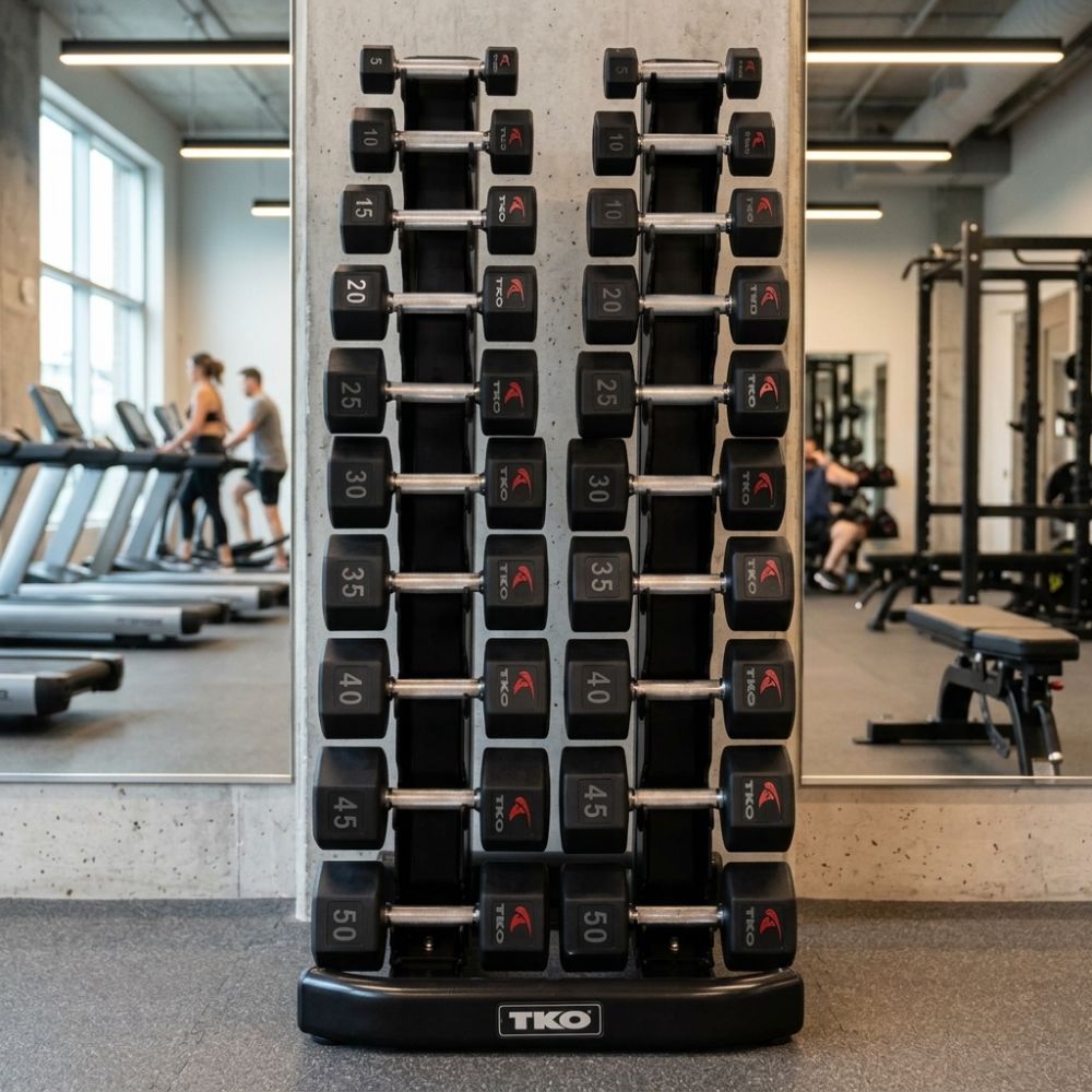 TKO 10 Pair Vertical Dumbbell Rack 840VDR10-BK in a gym with a mirror and TKO Tri-Grip Hex Dumbbell 5-50 lb Set, 816TXU