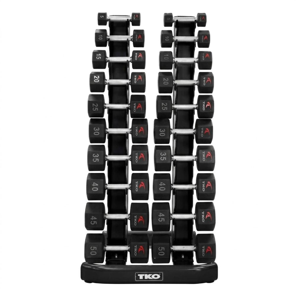 Set of TKO Urethane Tri-Grip Hex Dumbbell Set 816TXU on a white background with TKO branding.