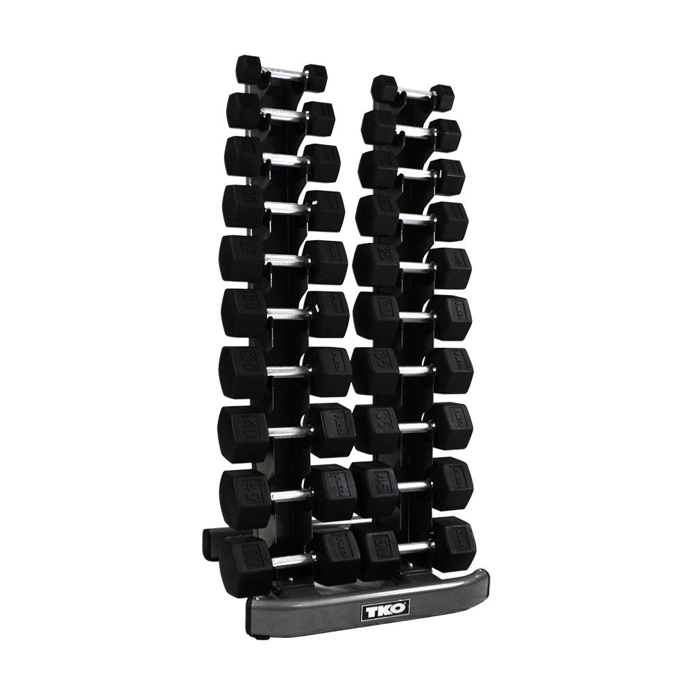 Set of TKO Rubber Hex Dumbbell Set, Straight Handle 804SXR on a TKO 10 Pair Vertical Dumbbell Rack 840VDR10 white background with TKO branding.