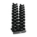 Set of TKO Rubber Hex Dumbbell Set, Straight Handle 804SXR on a TKO 10 Pair Vertical Dumbbell Rack 840VDR10 white background with TKO branding.
