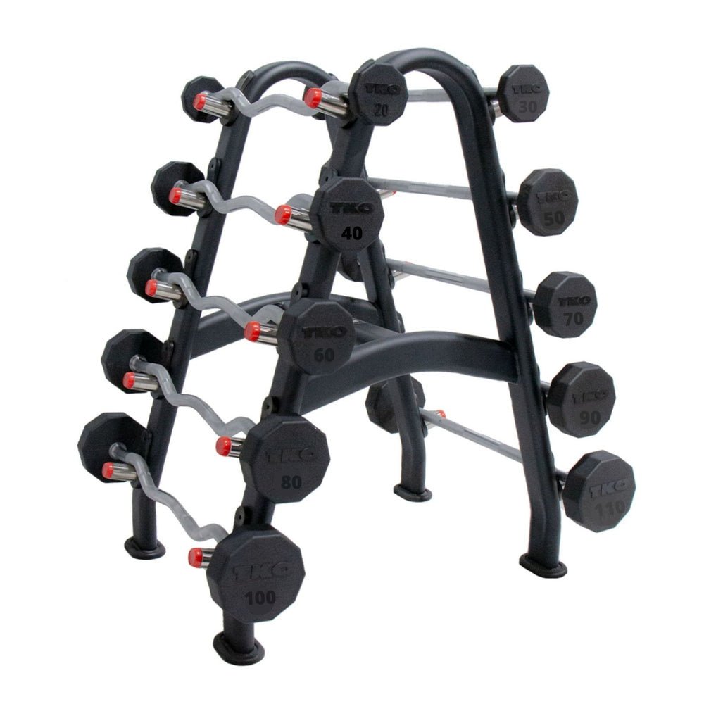 10-Sided Fixed Curl Bar 20-110 LB. Set Urethane Set of dumbbells on a rack with weight markings on a white background