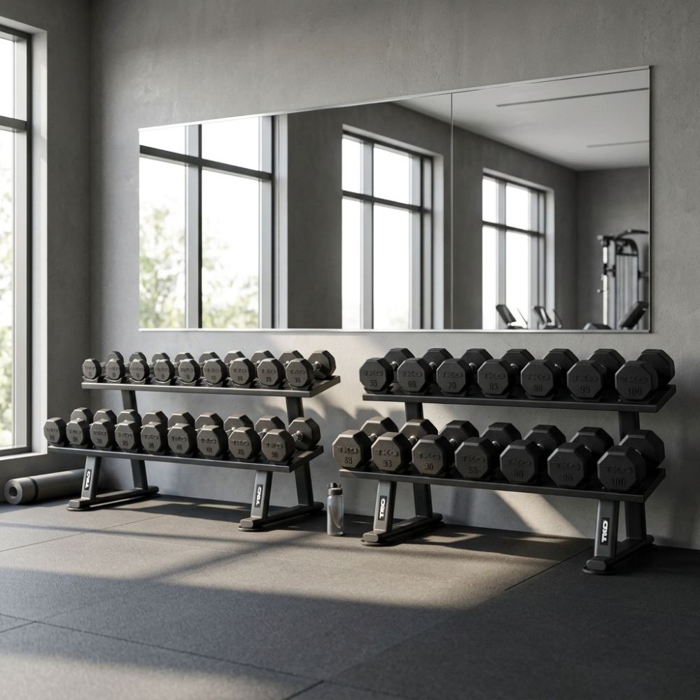 Dumbbell sets on stands in a gym with large mirrors on the wall.
