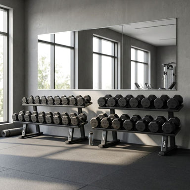 Dumbbell sets on stands in a gym with large mirrors on the wall.