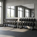 Dumbbell sets on stands in a gym with large mirrors on the wall.