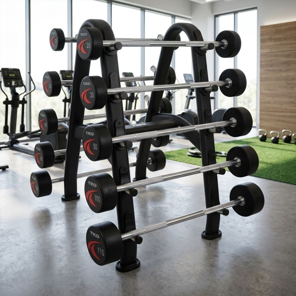 Set of barbells on a rack in a gym setting