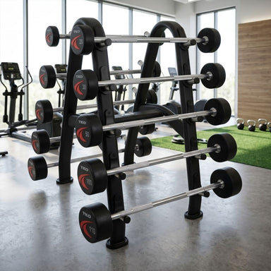 Set of barbells on a rack in a gym setting