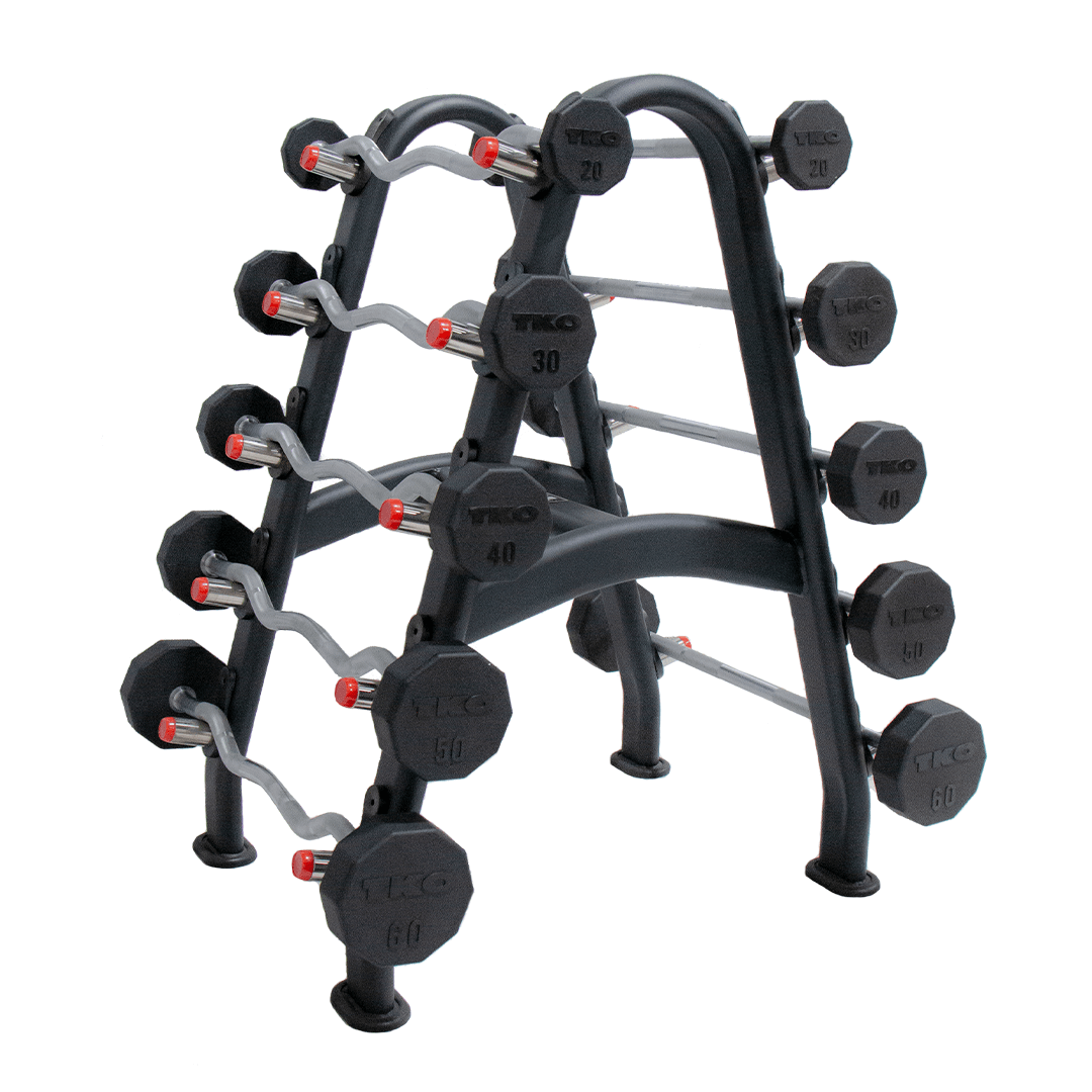 TKO 20-60lb  Rubber Straight & 20-60lb curl barbell w/ 10 set barbell rack