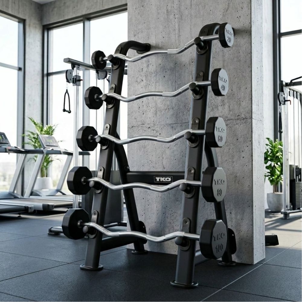 TKO EZ CURL BARBELLS ON A TKO BARBELL RACK 845BBR-BK