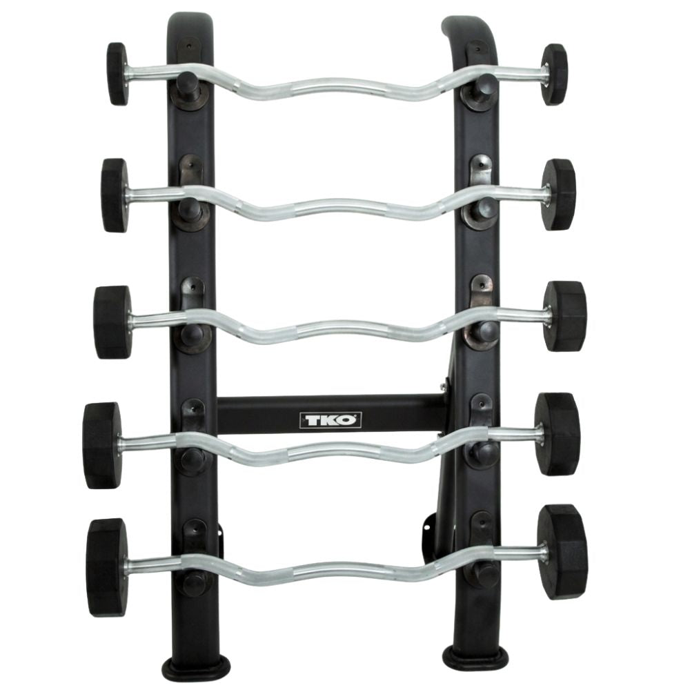 Set of tko EZ Curl barbells 807TR on a tko rack 845BBR-BK with TKO branding on a white background