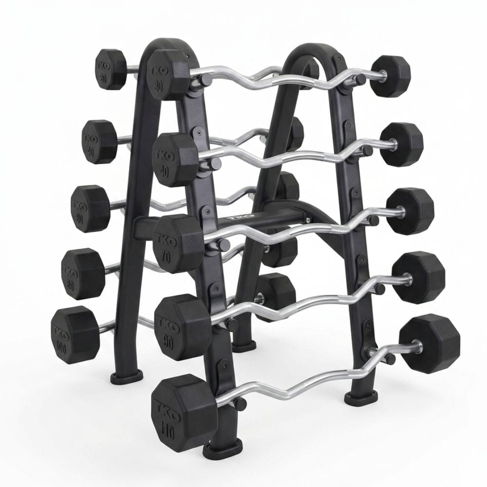 EZ Curl barbells on a rack on a white background