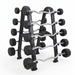 EZ Curl barbells on a rack on a white background