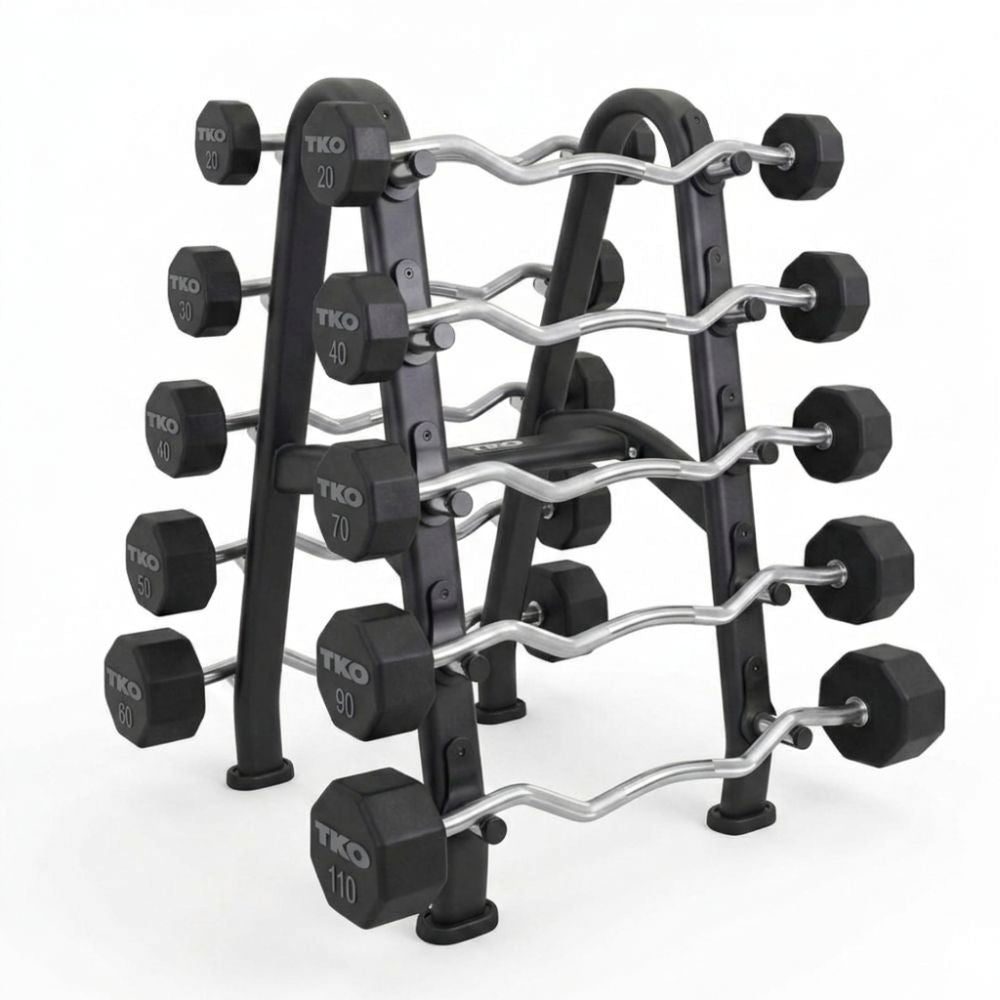 Set of EZ Curl barbells on a barbell rack on a white background